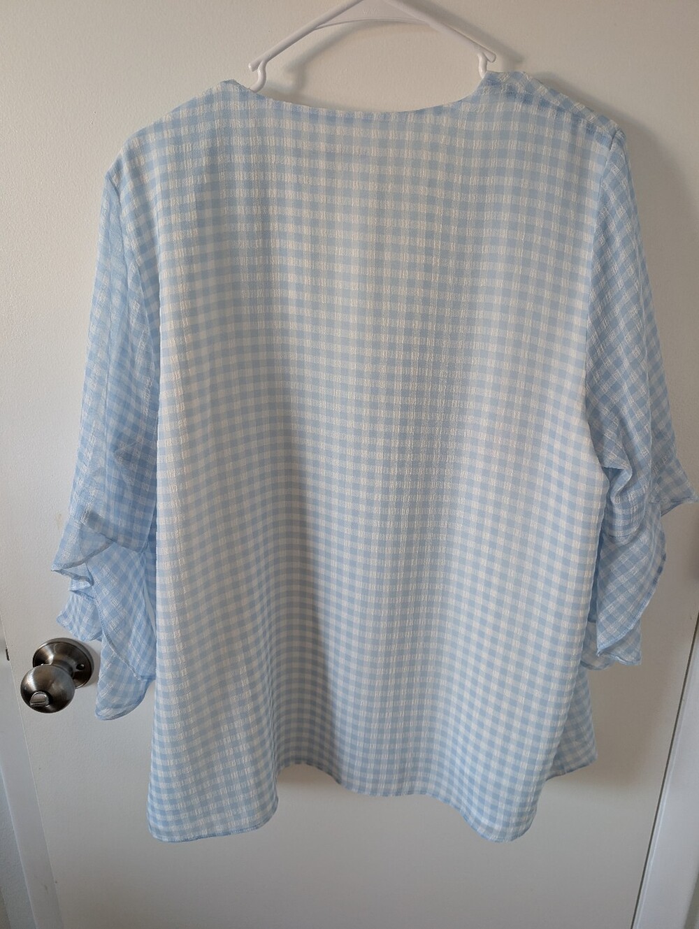 Calvin Klein Light Blue and White Gingham V-Neck Blouse - Picture 3 of 3